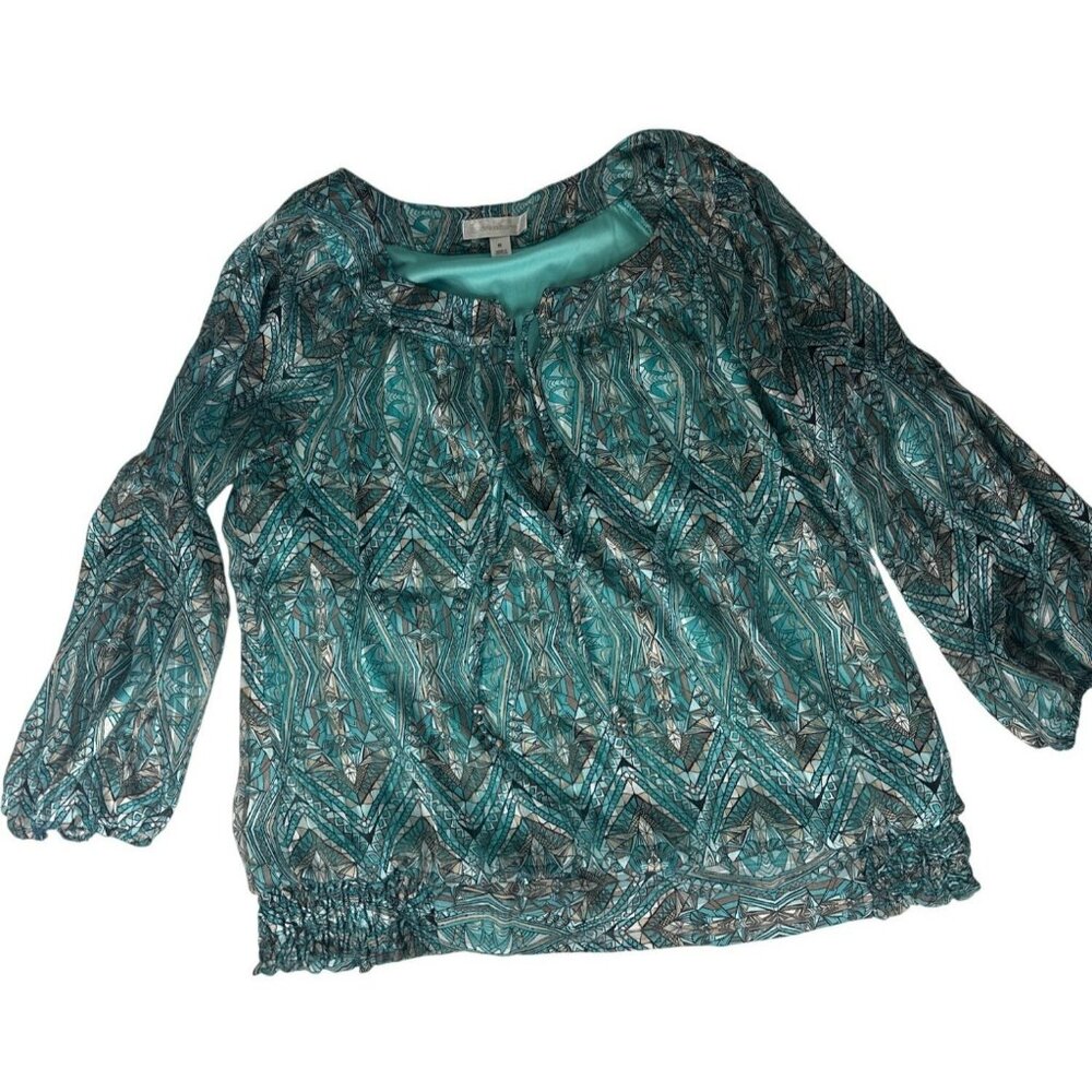 Dressbarn Womens Top Medium Geometric Print Boho Long Sleeve Blouse Wearable Art